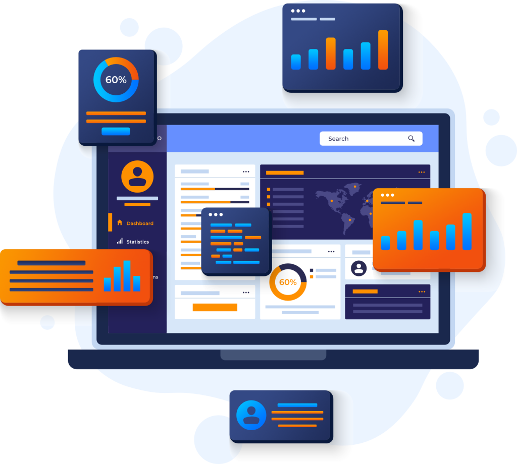 Graficzna koncepcja panelu zarządzania systemami IT – monitoring infrastruktury, statystyki i administracja środowiskiem informatycznym firmy
