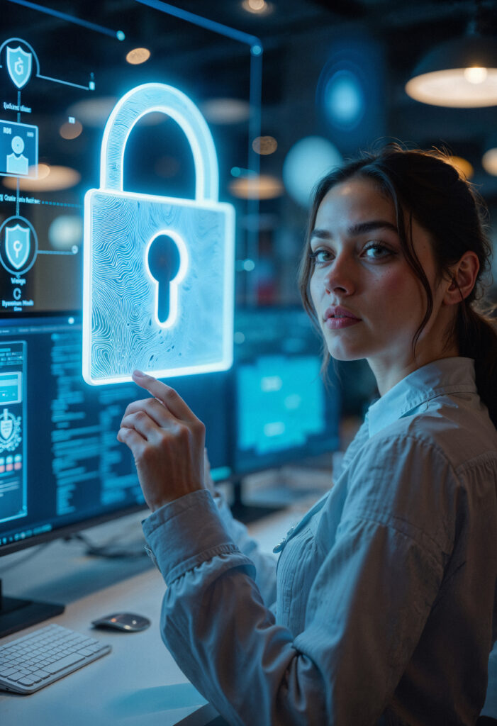 Kobieta pracująca nad cyberbezpieczeństwem