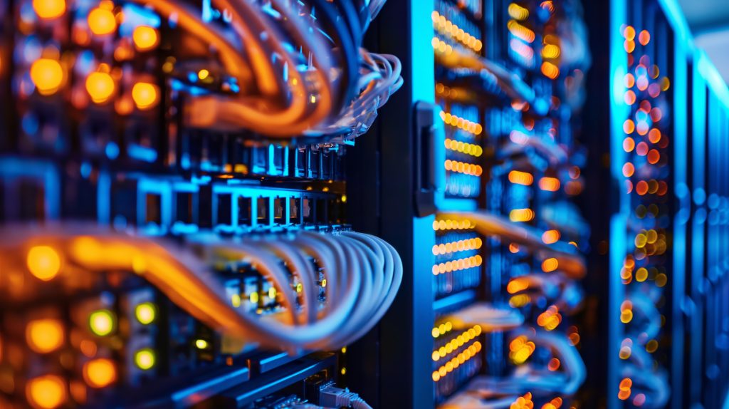 Przełączniki sieciowe w szafie serwerowej z kolorowymi kablami krosowymi, na których realizuje się segmentację sieci firmowej